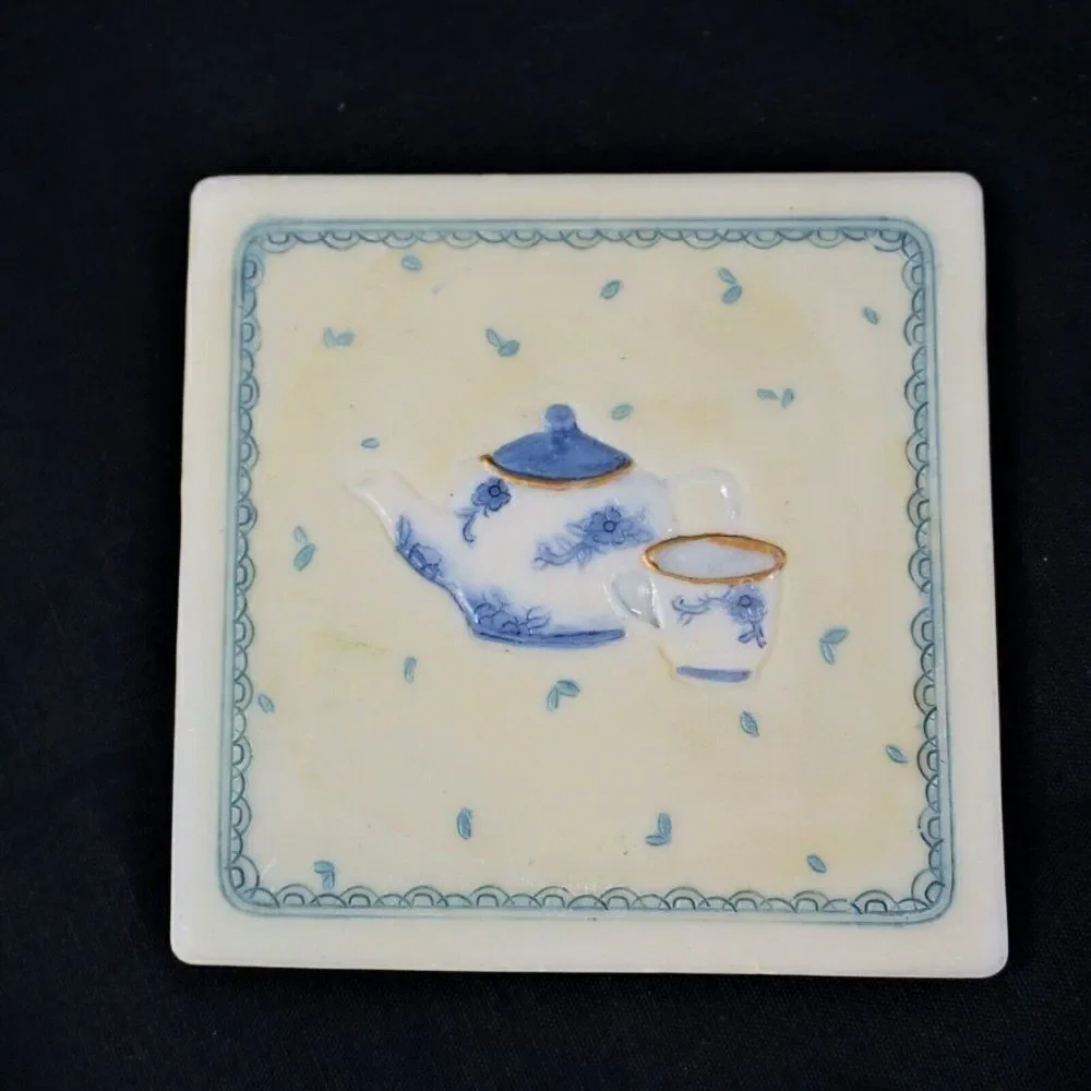 Vintage Tea Time Ceramic Coasters Ivory And Blue With Cork Back Set Of 4